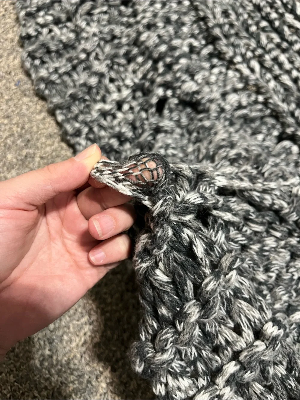 Pottery Barn Chunky Thick Throw Blanket Open Weave Knit Crochet Charcoal Marled
